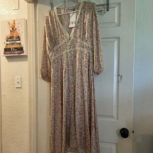 Zara Floral Maxi Dress in Cream with Pink and Green Print